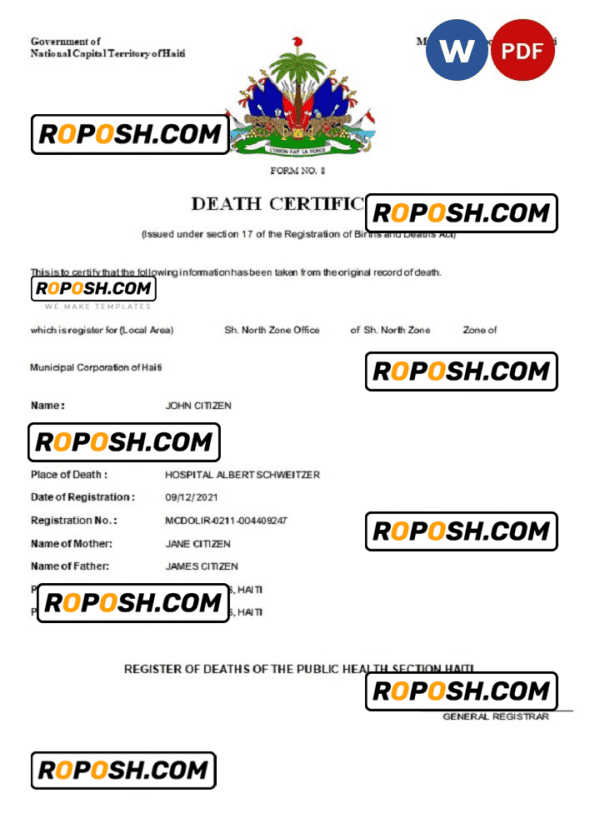 Haiti death certificate Word and PDF template, completely editable