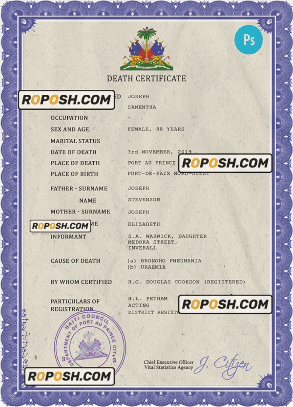 Haiti death certificate PSD template, completely editable
