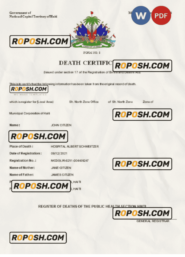 Haiti death certificate Word and PDF template, completely editable