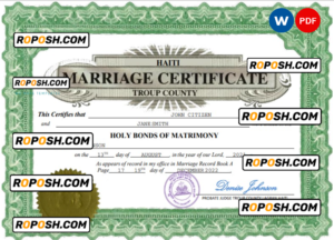 Haiti marriage certificate Word and PDF template, completely editable