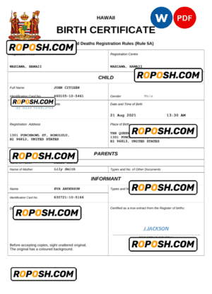 Hawaii birth certificate Word and PDF template, completely editable