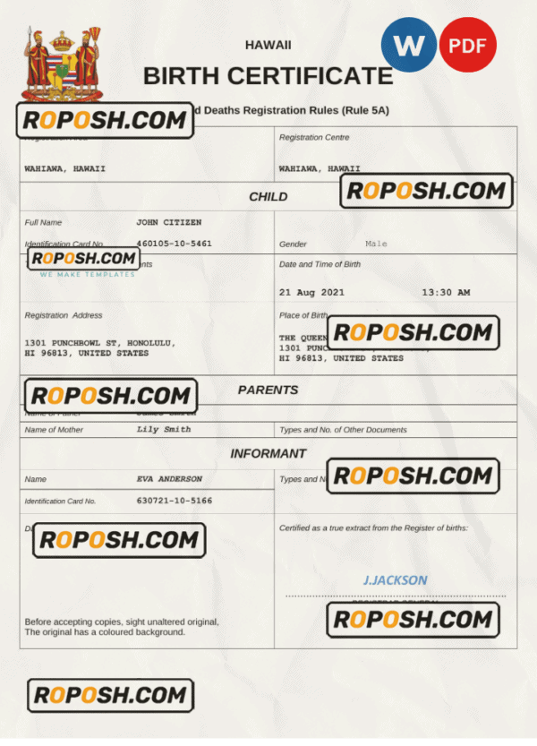 Hawaii birth certificate Word and PDF template, completely editable