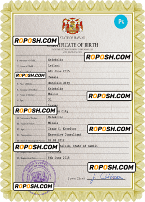 Hawaii birth certificate PSD template, completely editable