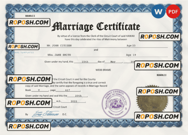 Hawaii marriage certificate Word and PDF template, fully editable