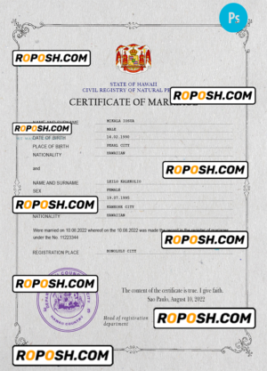 Hawaii marriage certificate PSD template, fully editable