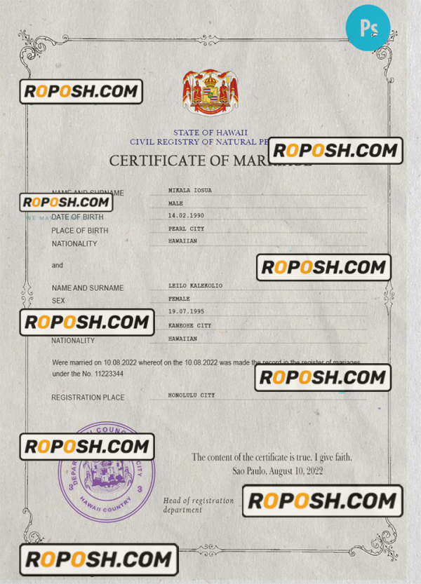 Hawaii marriage certificate PSD template, fully editable scan effect