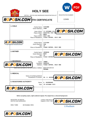 Holy See vital record birth certificate Word and PDF template, completely editable