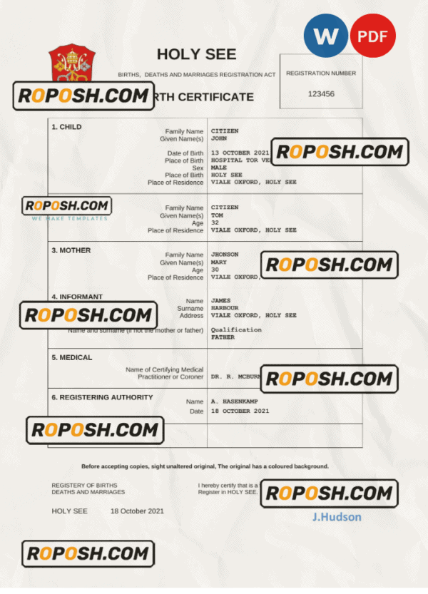 Holy See vital record birth certificate Word and PDF template, completely editable
