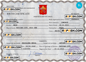 Holy See vital record birth certificate PSD template, fully editable
