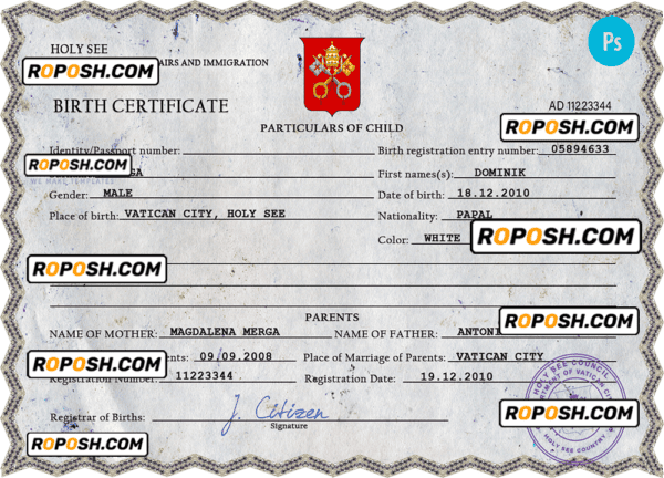 Holy See vital record birth certificate PSD template, fully editable