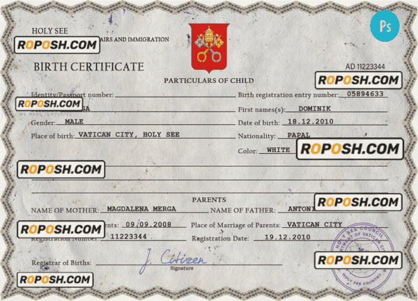 Holy See vital record birth certificate PSD template, fully editable