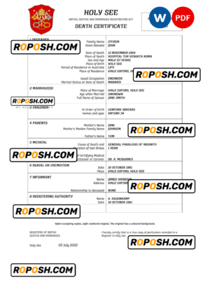 Holy See vital record death certificate Word and PDF template
