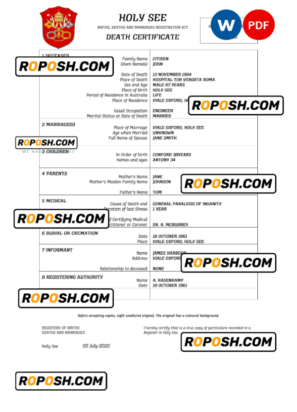 Holy See vital record death certificate Word and PDF template