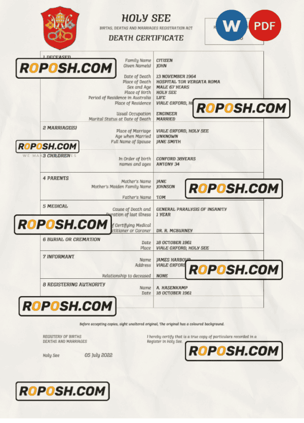 Holy See vital record death certificate Word and PDF template
