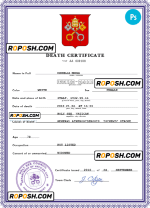 Holy See vital record death certificate PSD template, fully editable