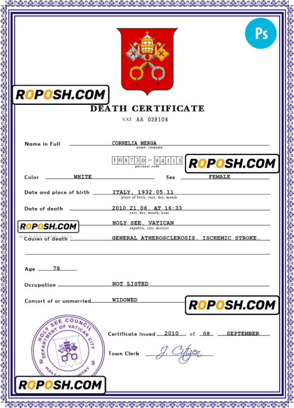 Holy See vital record death certificate PSD template, fully editable