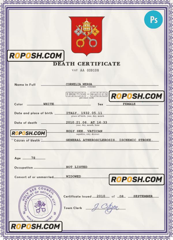 Holy See vital record death certificate PSD template, fully editable