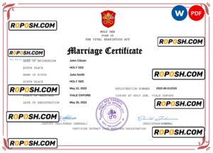 Holy See marriage certificate Word and PDF template, completely editable