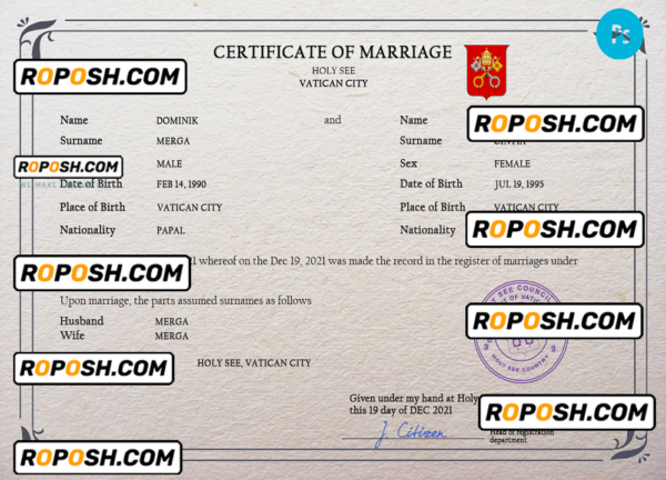 Holy See marriage certificate PSD template, completely editable