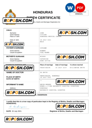 Honduras birth certificate Word and PDF template, completely editable