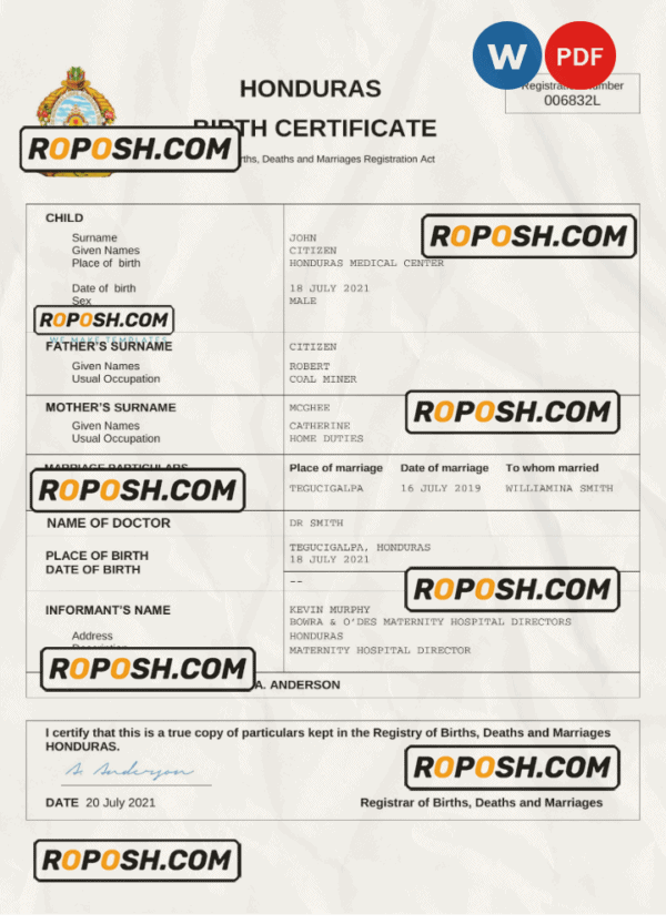 Honduras birth certificate Word and PDF template, completely editable