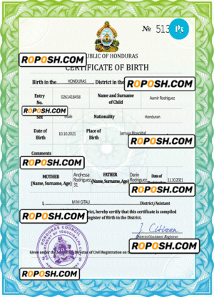 Honduras vital record birth certificate PSD template