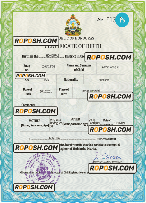 Honduras vital record birth certificate PSD template
