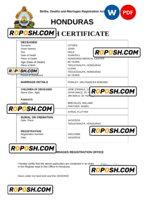 Honduras vital record death certificate Word and PDF template