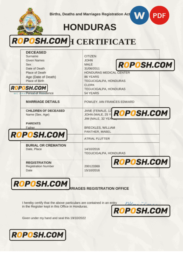 Honduras vital record death certificate Word and PDF template