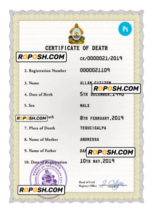 Honduras death certificate PSD template, completely editable