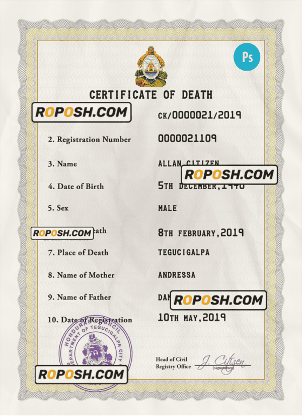 Honduras death certificate PSD template, completely editable