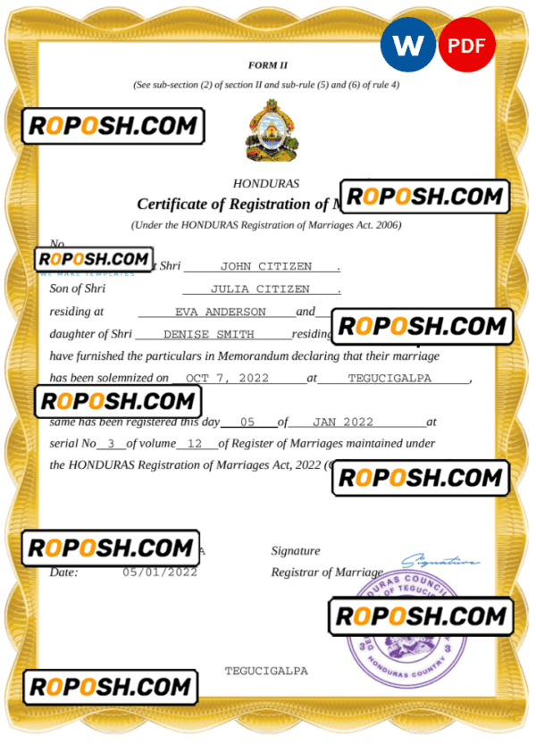Honduras marriage certificate Word and PDF template, fully editable