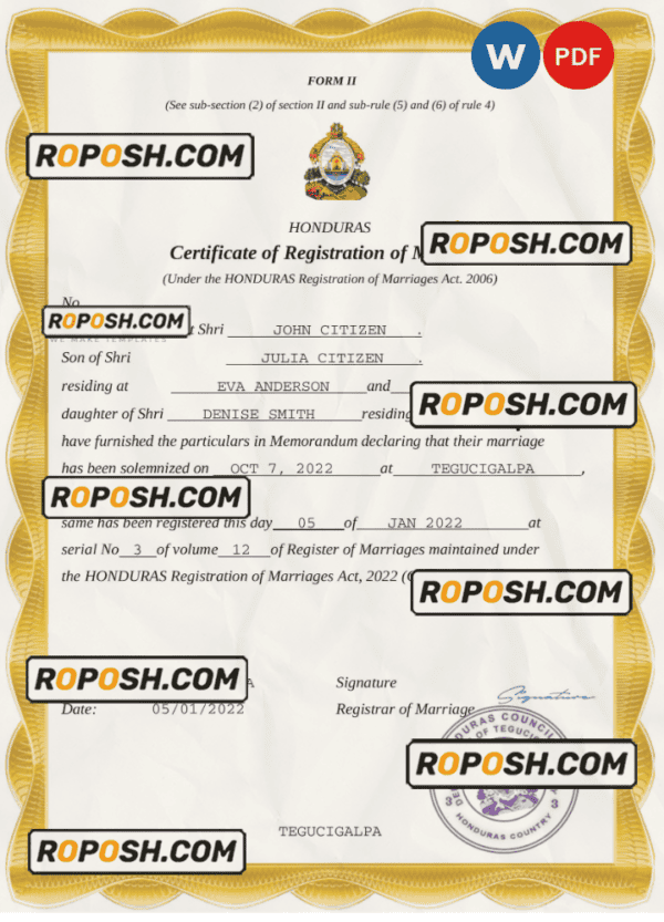 Honduras marriage certificate Word and PDF template, fully editable