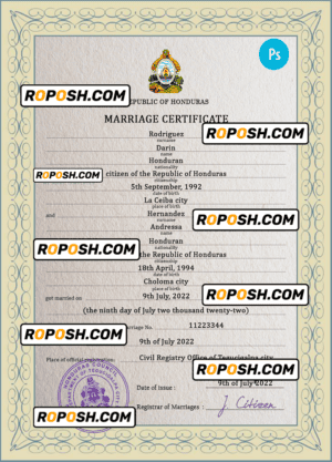 Honduras marriage certificate PSD template, fully editable