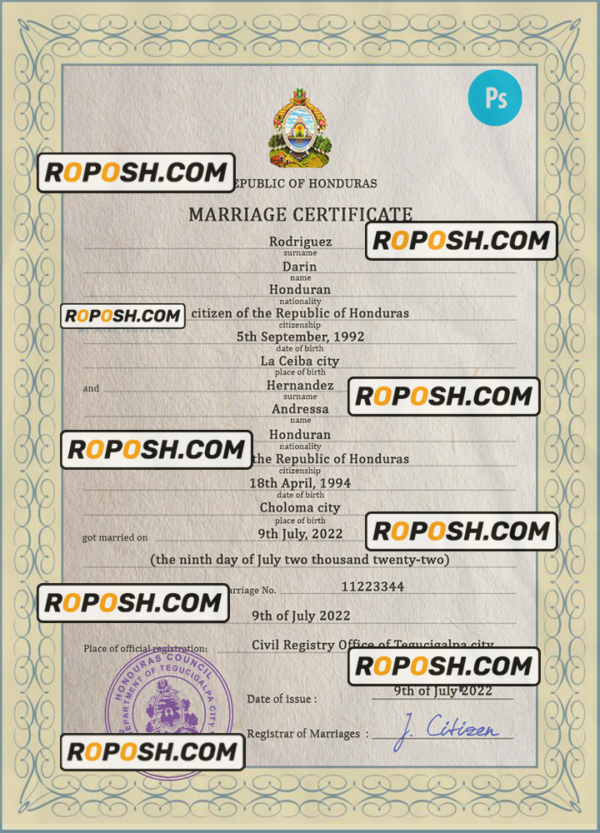 Honduras marriage certificate PSD template, fully editable scan effect