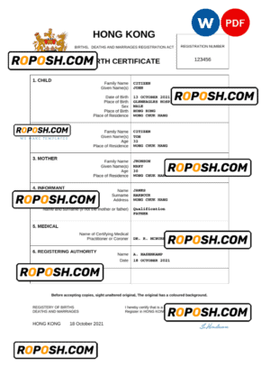 Hong Kong birth certificate Word and PDF template, completely editable