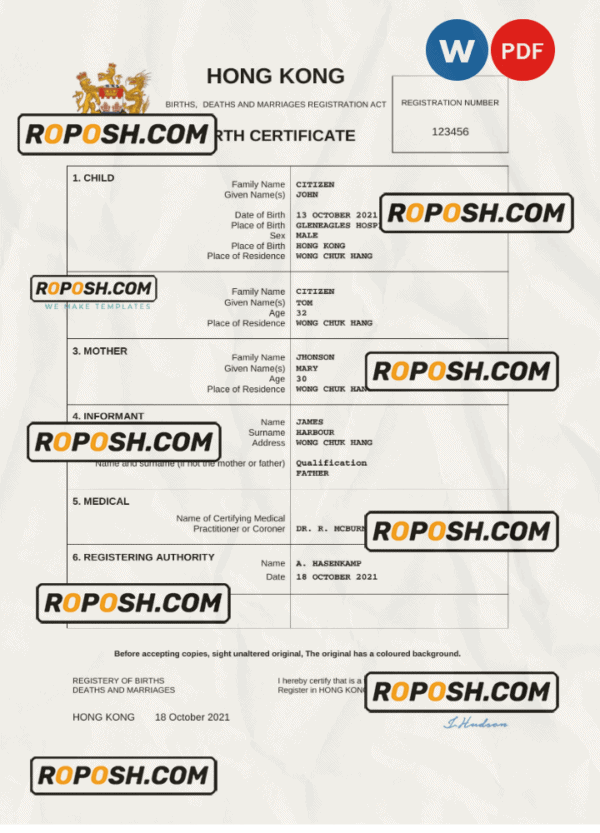 Hong Kong birth certificate Word and PDF template, completely editable