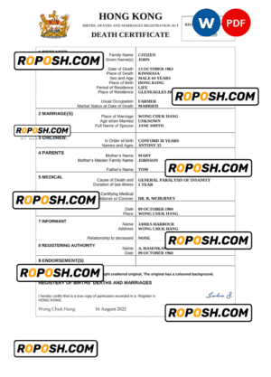 Hong Kong death certificate Word and PDF template, completely editable