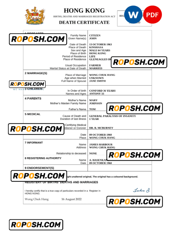 Hong Kong death certificate Word and PDF template, completely editable