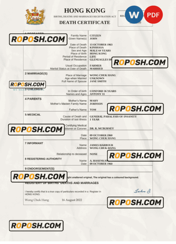 Hong Kong death certificate Word and PDF template, completely editable