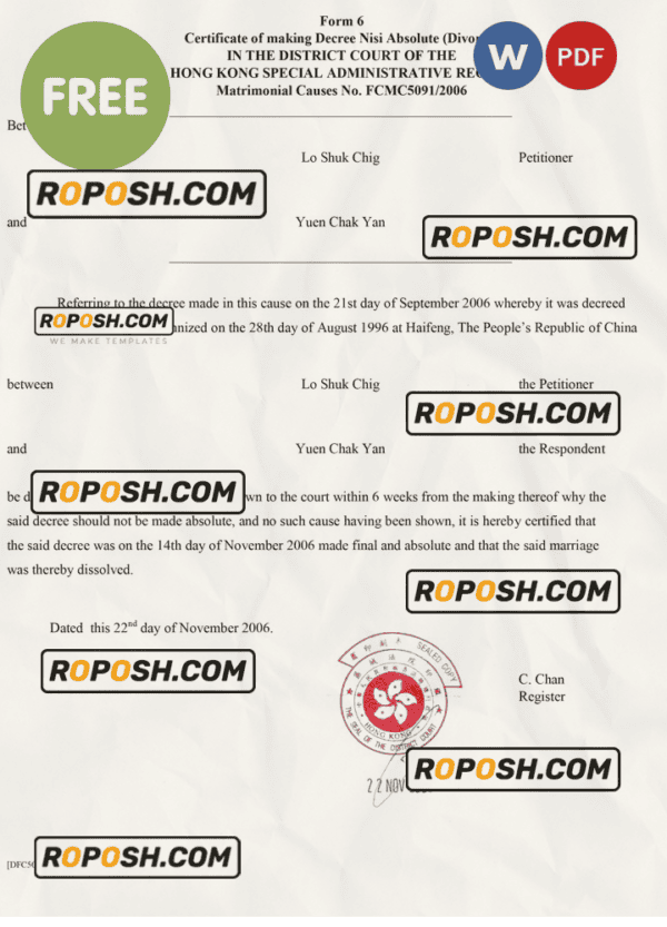 Hong Kong divorce certificate template in Word and PDF format