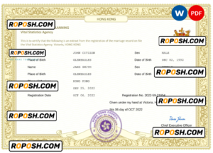 Hong Kong marriage certificate Word and PDF template, completely editable