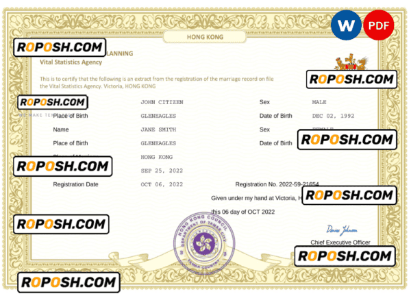 Hong Kong marriage certificate Word and PDF template, completely editable