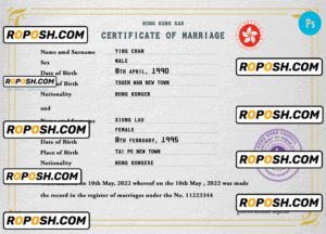 Hong-Kong marriage certificate PSD template, completely editable