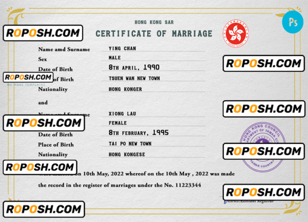 Hong-Kong marriage certificate PSD template, completely editable