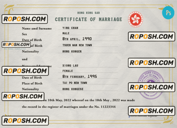 Hong-Kong marriage certificate PSD template, completely editable scan effect