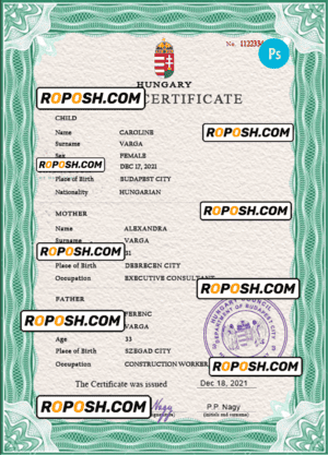 Hungary birth certificate PSD template, completely editable