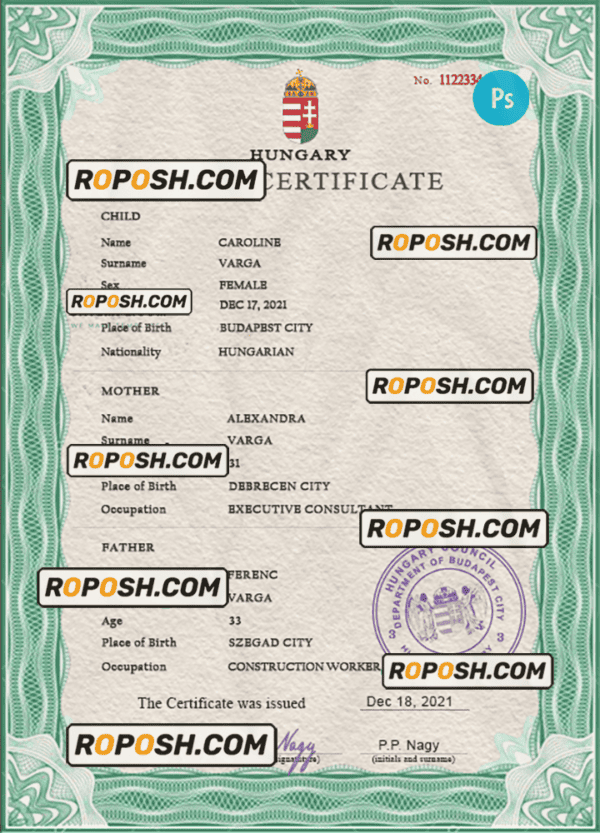 Hungary birth certificate PSD template, completely editable