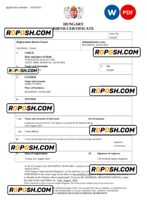 Hungary vital record birth certificate Word and PDF template, completely editable