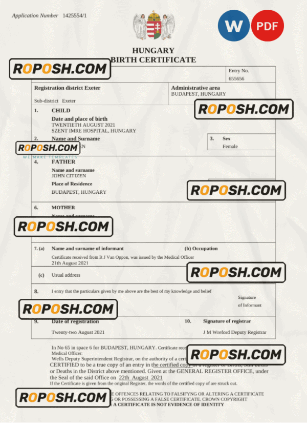 Hungary vital record birth certificate Word and PDF template, completely editable